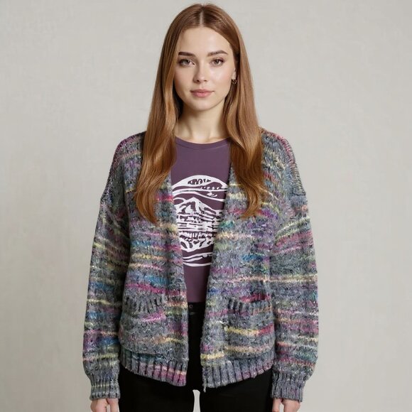 ANTHROPOLOGIE x T.LA Malia Rainbow Cardigan Gray Marled Sweater Size Medium - Picture 2 of 11